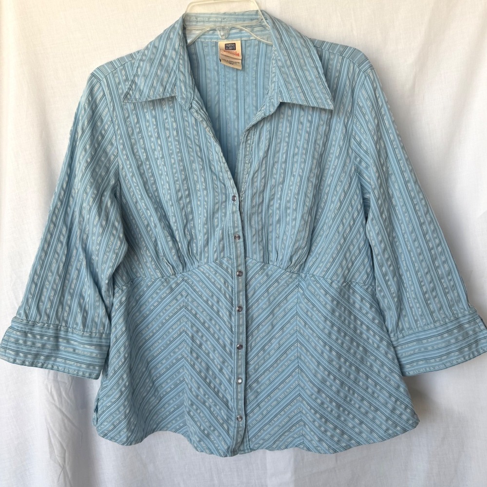 Y2K Faded Glory Button Up Coastal Classic Office Business Blouse Blue Plus 16W